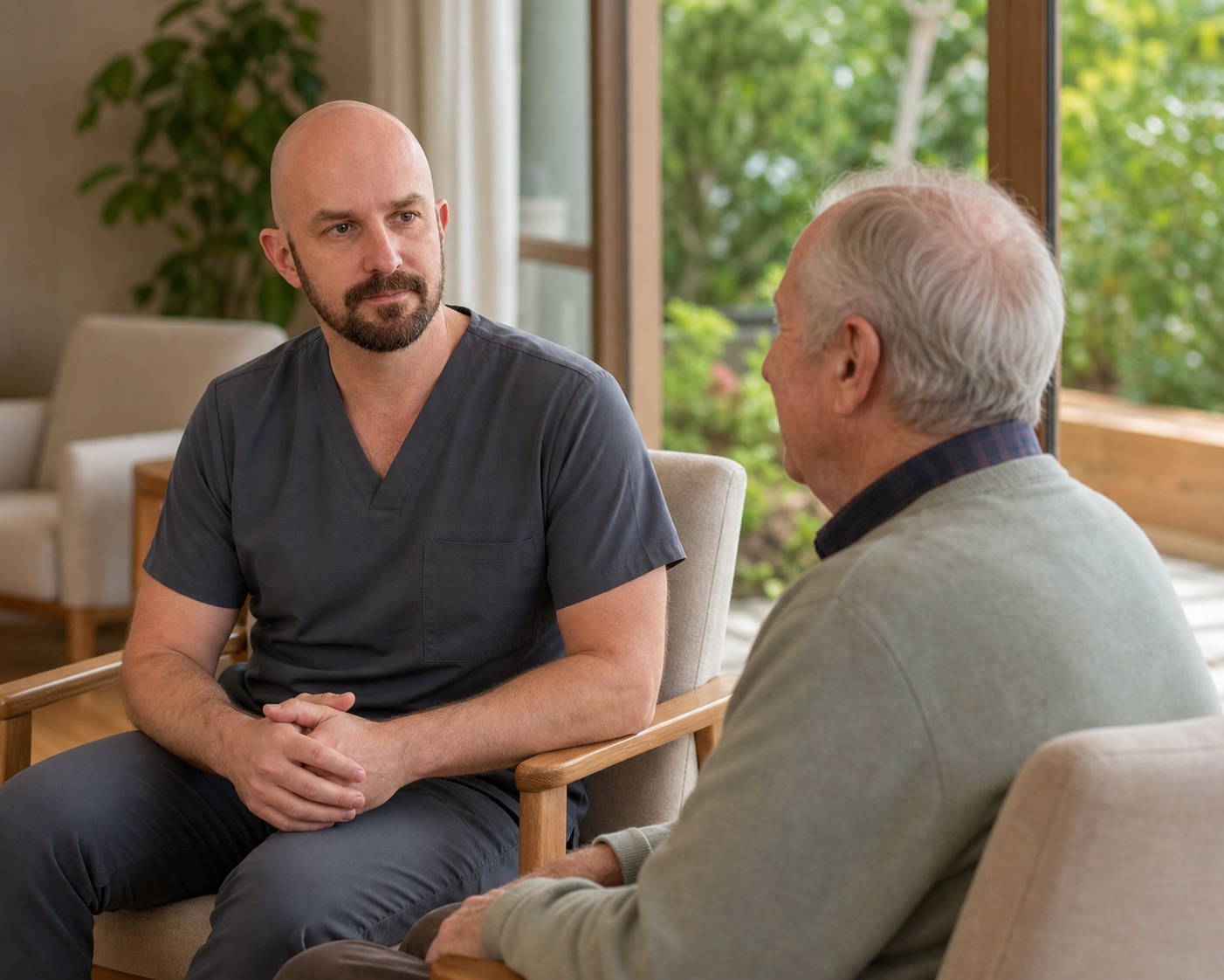 Dr Josh Hatch listening to an older resident during a personal care conversation